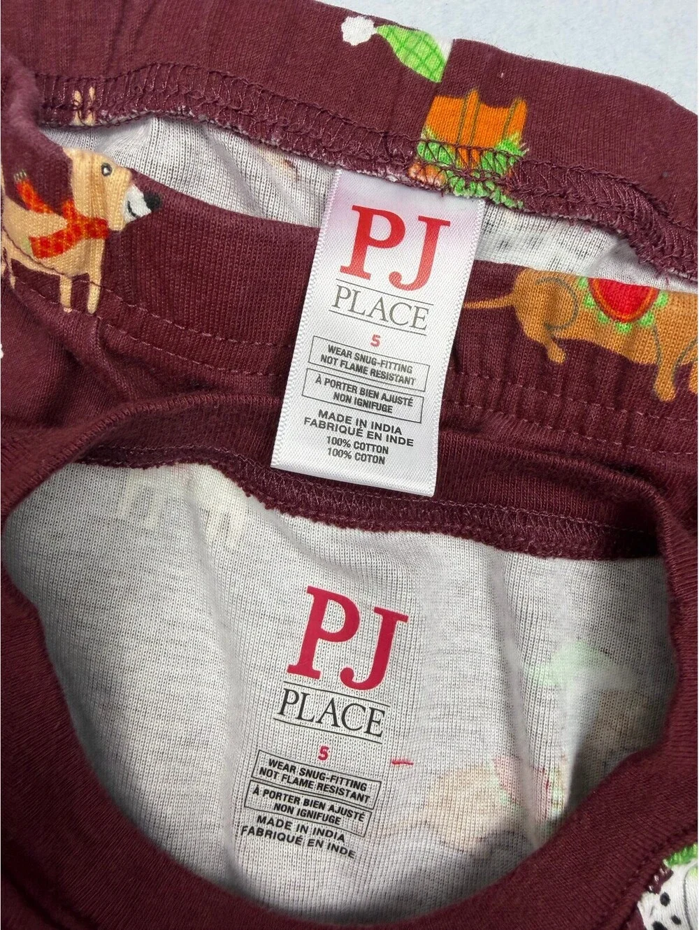 PJ Place Two Piece Pajama Set Size 5 Dogs Holiday Print Burgundy Cotton